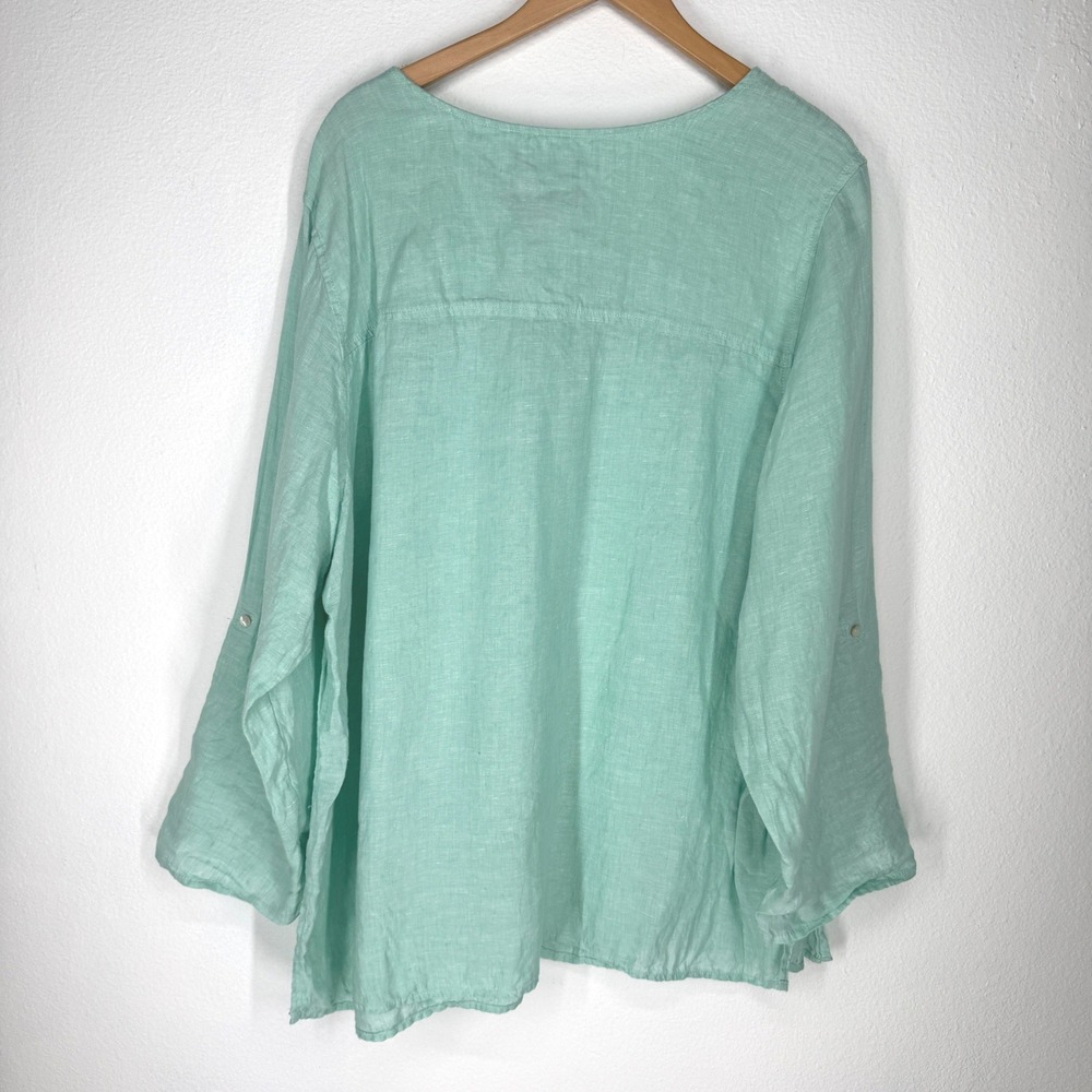 Tahari Womens 3X Mint Green 100% Linen Button Down Roll Tab Sleeve Blouse Top - Picture 6 of 7